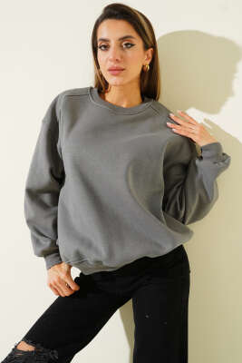 Üç İplik Düşük Kol Basic Sweatshirt Gri - Kadın Giyim Modelleri
