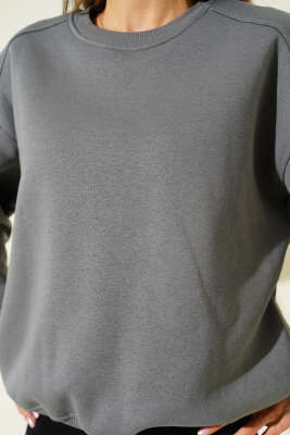 Üç İplik Düşük Kol Basic Sweatshirt Gri - Kadın Giyim Modelleri