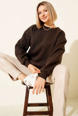 Üç İplik Düşük Kol Basic Sweatshirt Kahve