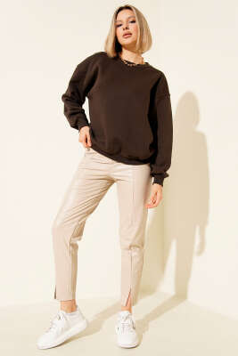 Üç İplik Düşük Kol Basic Sweatshirt Kahve - Yılın Fırsatı