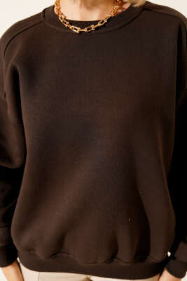 Üç İplik Düşük Kol Basic Sweatshirt Kahve - Yılın Fırsatı