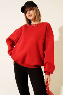 Üç İplik Düşük Kol Basic Sweatshirt Kırmızı 