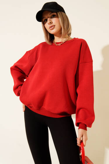 Üç İplik Düşük Kol Basic Sweatshirt Kırmızı - Kadın Giyim Modelleri
