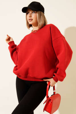Üç İplik Düşük Kol Basic Sweatshirt Kırmızı - Kadın Giyim Modelleri