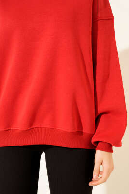 Üç İplik Düşük Kol Basic Sweatshirt Kırmızı - Kadın Giyim Modelleri