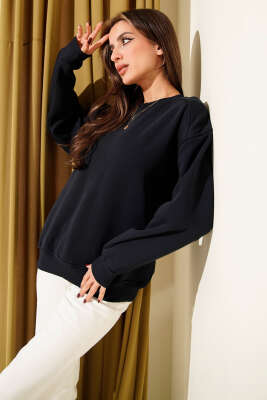 Üç İplik Düşük Kol Basic Sweatshirt Lacivert - Günün Seçilenleri