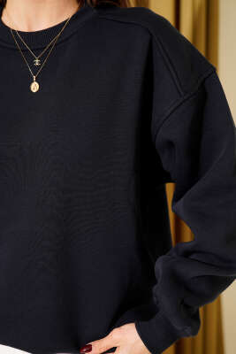 Üç İplik Düşük Kol Basic Sweatshirt Lacivert - Günün Seçilenleri