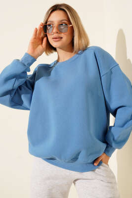 Üç İplik Düşük Kol Basic Sweatshirt Mavi - Kadın Giyim Modelleri