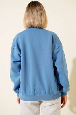 Üç İplik Düşük Kol Basic Sweatshirt Mavi - Kadın Giyim Modelleri