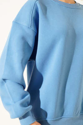 Üç İplik Düşük Kol Basic Sweatshirt Mavi - Kadın Giyim Modelleri