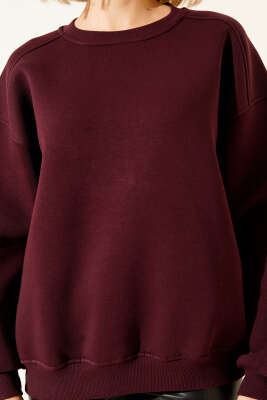 Üç İplik Düşük Kol Basic Sweatshirt Mürdüm - Kadın Giyim Modelleri
