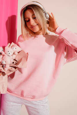 Üç İplik Düşük Kol Basic Sweatshirt Pembe 