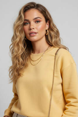 Üç İplik Düşük Kol Basic Sweatshirt Safran 