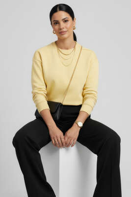Üç İplik Düşük Kol Basic Sweatshirt Sarı - Kadın Giyim Modelleri