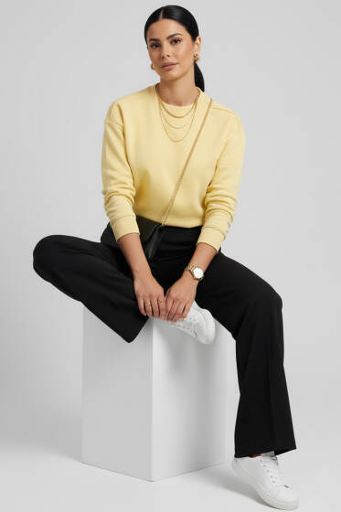 Üç İplik Düşük Kol Basic Sweatshirt Sarı - Yılın Fırsatı