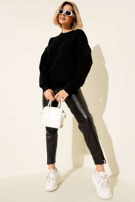 Üç İplik Düşük Kol Basic Sweatshirt Siyah - Yılın Fırsatı