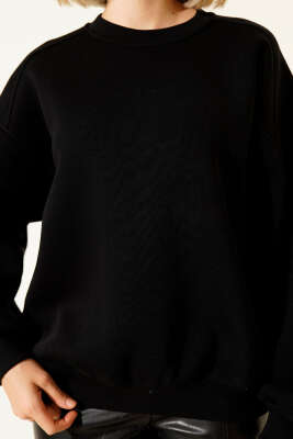 Üç İplik Düşük Kol Basic Sweatshirt Siyah - Yılın Fırsatı
