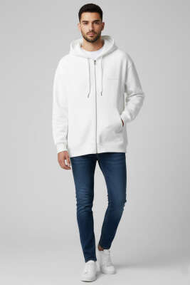Üç İplik Fermuarlı Erkek Sweatshirt Beyaz - Erkek Sweatshirt