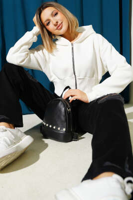 Üç İplik Kapüşonlu Crop Hırka Ekru 