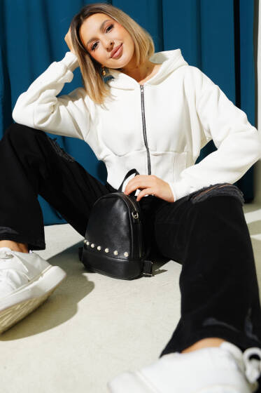 Üç İplik Kapüşonlu Crop Hırka Ekru - Kadın Giyim Modelleri