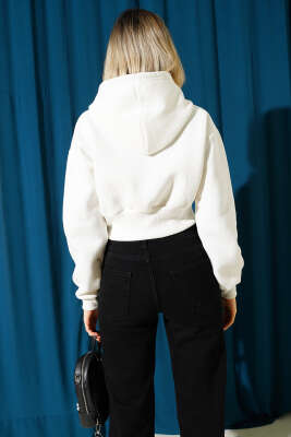 Üç İplik Kapüşonlu Crop Hırka Ekru - Kadın Giyim Modelleri