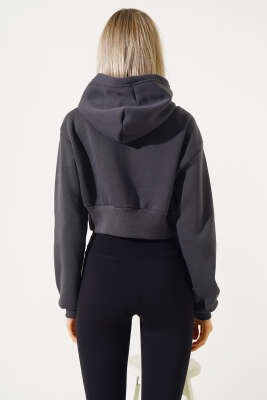 Üç İplik Kapüşonlu Crop Hırka Füme - Kadın Giyim Modelleri