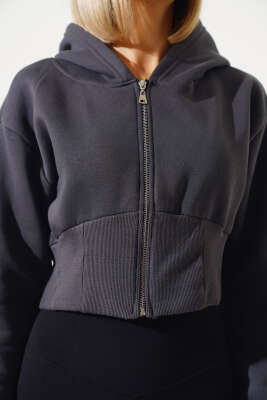 Üç İplik Kapüşonlu Crop Hırka Füme - Kadın Giyim Modelleri