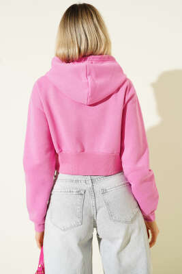 Üç İplik Kapüşonlu Crop Hırka Fusya - Kadın Giyim Modelleri