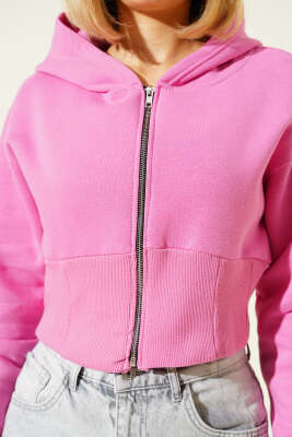 Üç İplik Kapüşonlu Crop Hırka Fusya - Kadın Giyim Modelleri