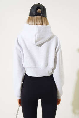 Üç İplik Kapüşonlu Crop Hırka Gri - Kadın Giyim Modelleri