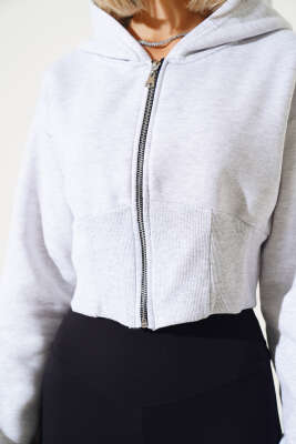 Üç İplik Kapüşonlu Crop Hırka Gri - Kadın Giyim Modelleri