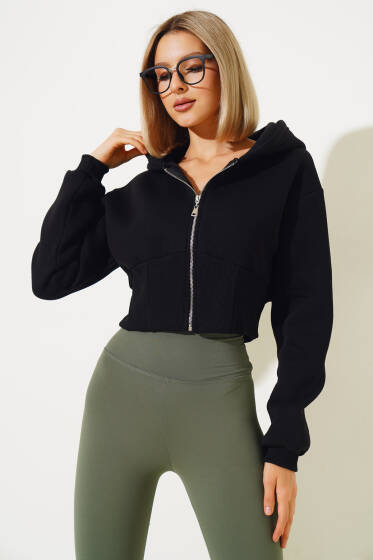 Üç İplik Kapüşonlu Crop Hırka Siyah - Kadın Giyim Modelleri