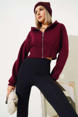Üç İplik Kapüşonlu Crop Hırka Vişne - Kadın Giyim Modelleri