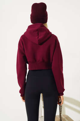 Üç İplik Kapüşonlu Crop Hırka Vişne - Kadın Giyim Modelleri