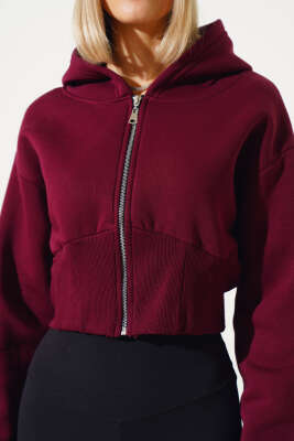 Üç İplik Kapüşonlu Crop Hırka Vişne - Kadın Giyim Modelleri