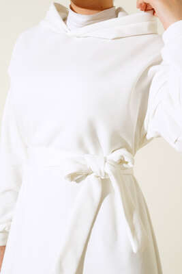 Üç İplik Kapüşonlu Elbise Beyaz - Thumbnail