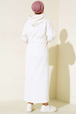 Üç İplik Kapüşonlu Elbise Beyaz - Thumbnail