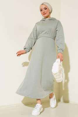 Üç İplik Kapüşonlu Elbise Çağla Yeşili - Thumbnail