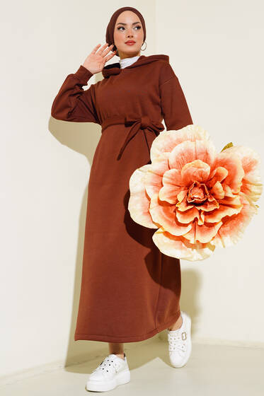 Üç İplik Kapüşonlu Elbise Kahve - Elbise