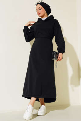 Üç İplik Kapüşonlu Elbise Siyah - Thumbnail