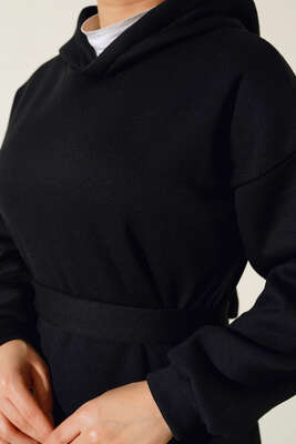 Üç İplik Kapüşonlu Elbise Siyah - Thumbnail