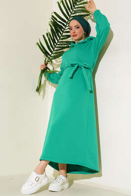 Üç İplik Kapüşonlu Elbise Yeşil - Thumbnail