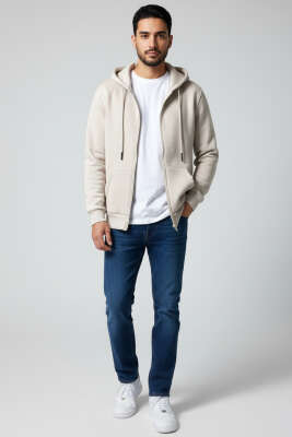 Üç İplik Kapüşonlu Erkek Hırka Bej - Erkek Hırka