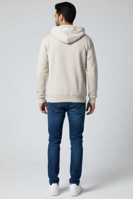 Üç İplik Kapüşonlu Erkek Hırka Bej - Erkek Hırka