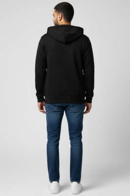 Üç İplik Kapüşonlu Erkek Hırka Siyah - Erkek Hırka