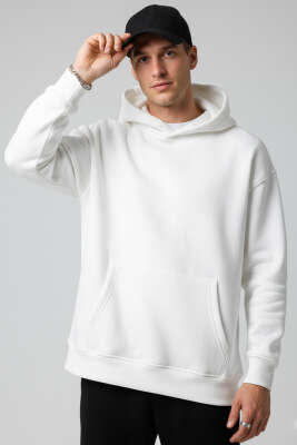 Üç İplik Kapüşonlu Erkek Sweatshirt Ekru - EKSİ BİR