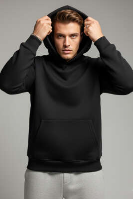 Üç İplik Kapüşonlu Erkek Sweatshirt Siyah - EKSİ BİR