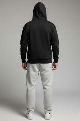 Üç İplik Kapüşonlu Erkek Sweatshirt Siyah - Erkek Sweatshirt
