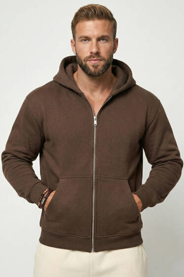 Üç İplik Kapüşonlu Fermuarlı Erkek Hırka Kahve - Erkek Hırka