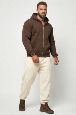 Üç İplik Kapüşonlu Fermuarlı Erkek Hırka Kahve - Erkek Hırka